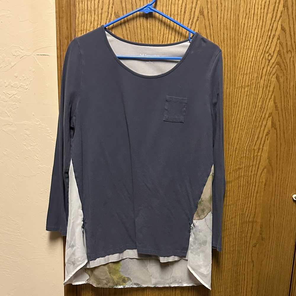 4 for $10 item Soft Surroundings Charcoal Long-Sleeve Top with Floral Panels